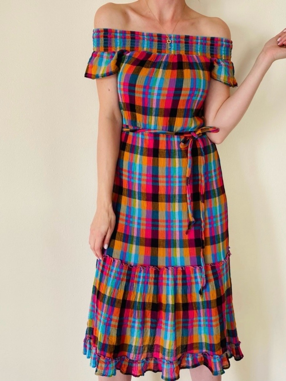 Multicolor Plaid Off-Shoulder Midi Dress in Red, Blue, Yellow